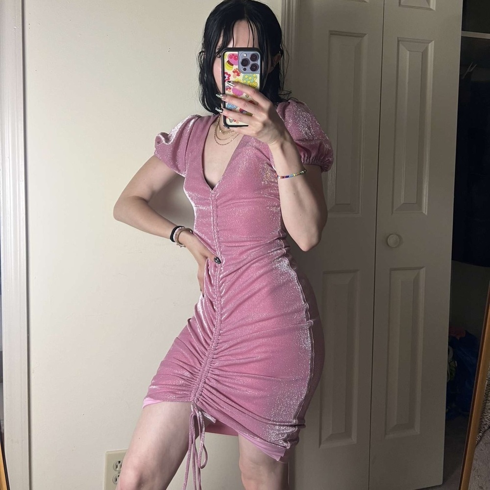 Pink Privacy Please Ruched Drawstring Sylvie Mini Cleavage Dress Small - Picture 4 of 9
